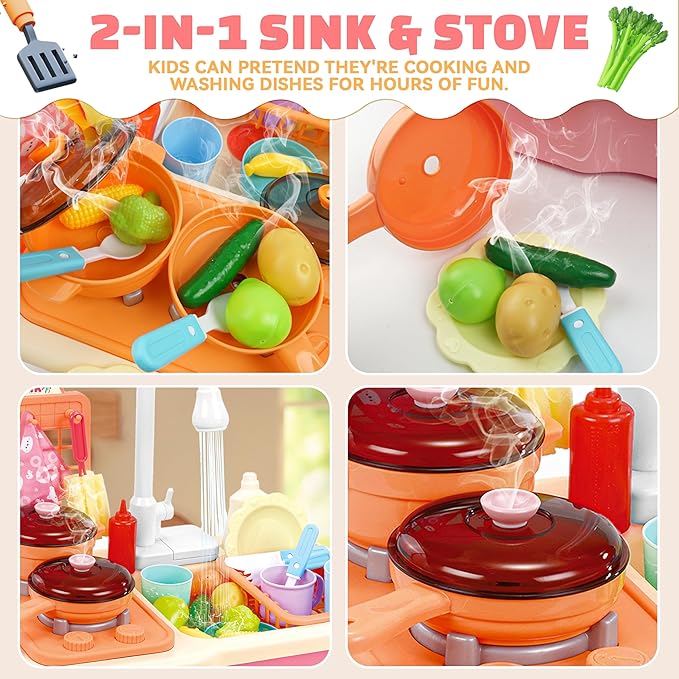 Play Kitchen With Running Water For Toddlers, Toy Kitchen Playset With Electric Faucet For Boys And Girls, Kids Pretend Play Sink With Cooking Stove, Pot, Pan, Play Food, Best Christmas Birthday Gifts