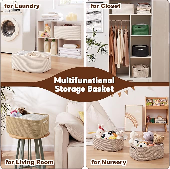 OIAHOMY Storage Basket for Shelves, Closet Cube Storage Bins Baskets for Clothes Blanket Towels, Baby Nursery, Toy Baskets Box, Woven Rope Basket, 15.75 * 11.81 * 7.09 IN, 2 Packs White