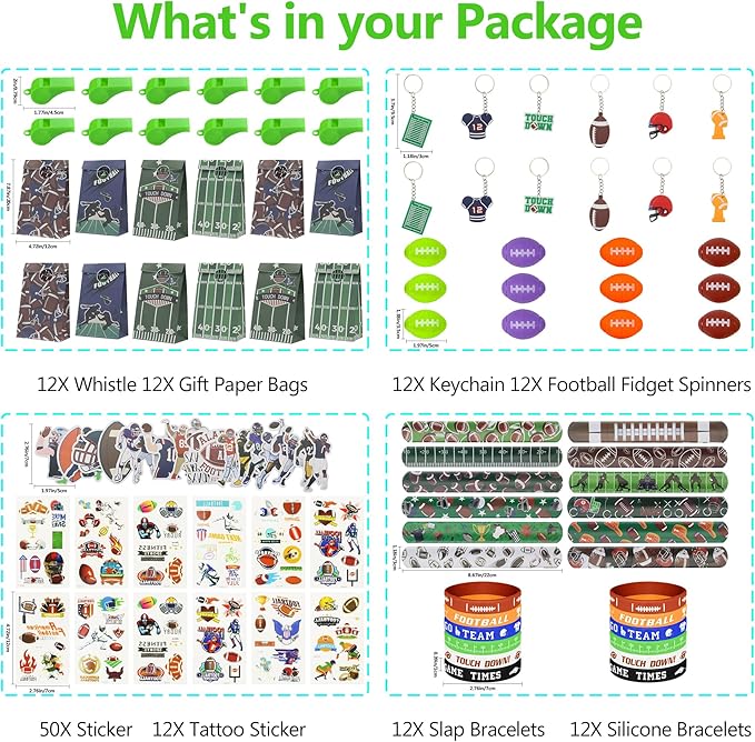 134 Pcs Football Party Favors Set 12 Silicone Bracelet 12 Whistles 12 Keychains 12 Slap Bracelet 12 Tattoo Stickers 12 Fidget Spinners 12 Gift Bags 50 Football Stickers for Football Party Supplies