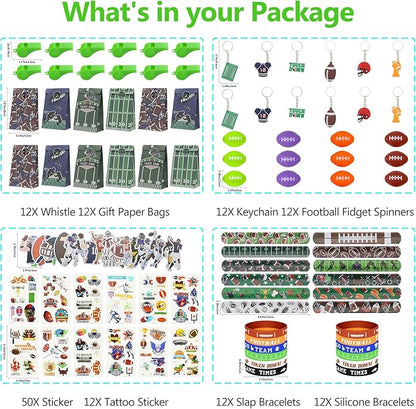 134 Pcs Football Party Favors Set 12 Silicone Bracelet 12 Whistles 12 Keychains 12 Slap Bracelet 12 Tattoo Stickers 12 Fidget Spinners 12 Gift Bags 50 Football Stickers for Football Party Supplies