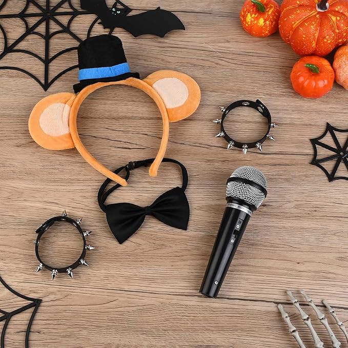 Kavoc 4 Pcs Rock Bear Ears Headband with Bow Tie Microphone Prop Wristband for Halloween Cosplay Dress up