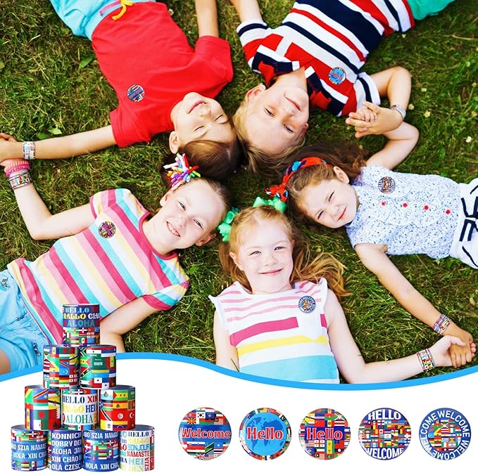 Outus 60 Pcs International World Flags Party Favors Around the World Supplies Prizes Include 30 World Flags Slap Bracelets 30 Country World Flag Button Pins for Flags Gift Bag Fillers Gifts
