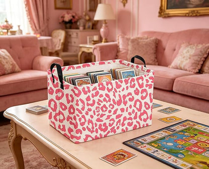 Sanjiaofeng Rectangular Kids Baskets,Leopard Print Basket,Pink Storage Basket with Handles,Waterproof Collapsible Storage Bin for Kids,Kid Room Decor,Books Box,Gift Basket(Leopard Print)