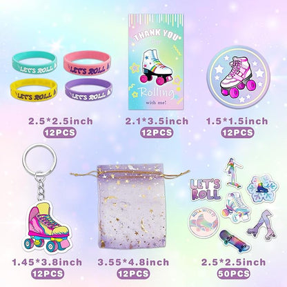 110 PCS Roller Skate Party Favors Skating Party Supplies with Key Chains Button Pins Stickers Rubber Bracelets for Hip Hop Disco 80s 90s Themed Party (style 1)