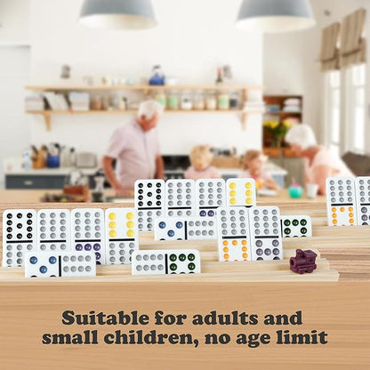 Smilejoy Mexican Train Dominoes Set with Colorful Dot- Double 12 Dominos Set for Adults-Classical Board Game for Elderly, 4 Wooden Rack,91 Tiles, 9 Plastic Trains, Octagon Hub (2-8 Player)