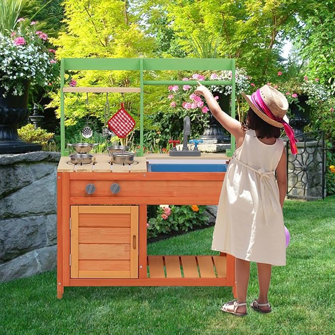 Mud Kitchen for Kids Outdoor - Kids Outdoor Play Kitchen Playset with Cookware Accessories - Perfect for Chef Pretend Play
