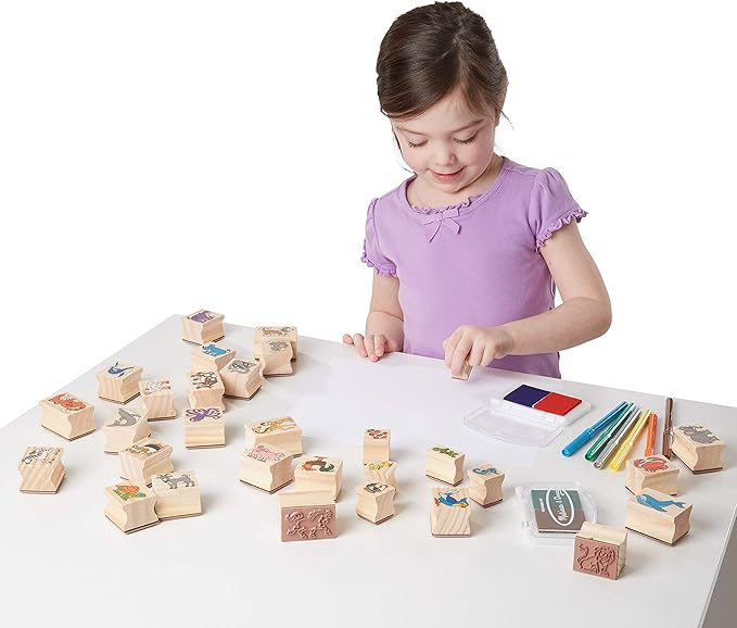 Melissa & Doug Deluxe Wooden Stamp Set: Animals - 30 Stamps, 6 Markers, 2 Stamp Pads Kids Art Projects, Wooden Stamps With Washable Ink, For Kids Ages 4+