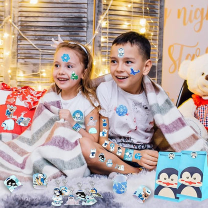 98 PCS Winter Arctic Animals Party Favors, Winter Arctic Polar Animals Stickers Temporary Tattoos Slap Bracelets Keychains Badges Arctic Animals Birthday Party Decorations Supplies for Kids