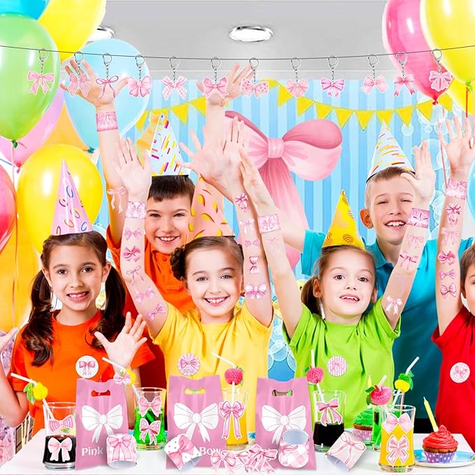 110 PCS Pink Coquette Bow Party Favors, Pink Coquette Bow Temporary Tattoos Slap Bracelets Stickers Keychains Badges Gift Bags for Bow Coquette Birthday Party Decorations Supplies for Kids Girls