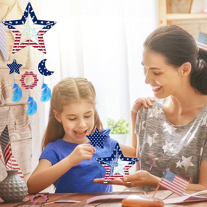 8Pack Star Dream Catcher Kit fot Kids,Unfinished Wood Star Shape Coloring 4th of July Craft DIY Crafts Wooden Patriotic Star Ornaments for Home Classroom Decorations Independence Day Party Favors