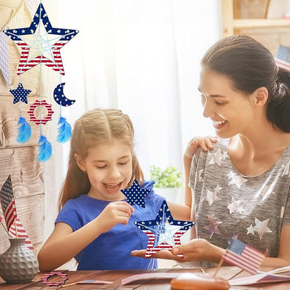 8Pack Star Dream Catcher Kit fot Kids,Unfinished Wood Star Shape Coloring 4th of July Craft DIY Crafts Wooden Patriotic Star Ornaments for Home Classroom Decorations Independence Day Party Favors