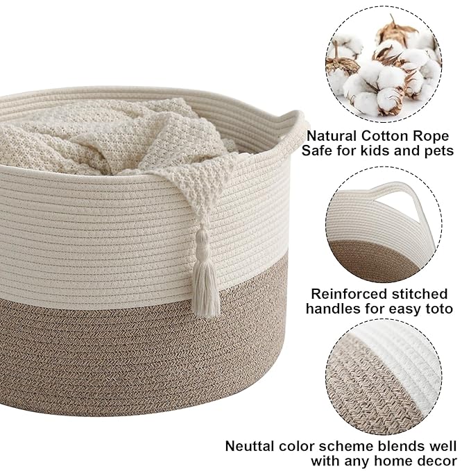 65L Large Woven Cotton Rope Blanket Basket with Handles, Laundry Hamper Storage Bin for Pillows, Clothes, Bedroom and Living Room Organization, White & Brown