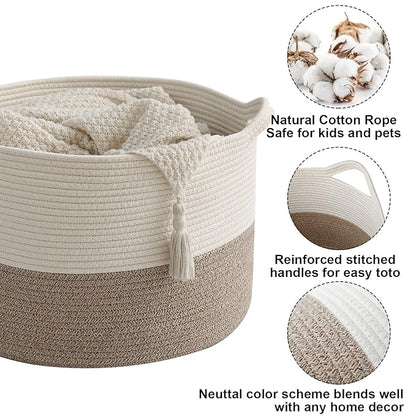 115L Extra Large Woven Cotton Rope Blanket Basket with Handles, Laundry Hamper Storage Bin for Pillows,Clothes, Bedroom and Living Room Organization, White & Brown