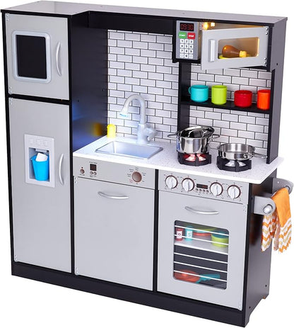 Lil' Jumbl Kids Kitchen Set, Pretend Wooden Play Kitchen, Battery Operated Icemaker, Burners, Faucet & Microwave Makes Realistic Sound & Light, Pots & Pan Included - Charcoal