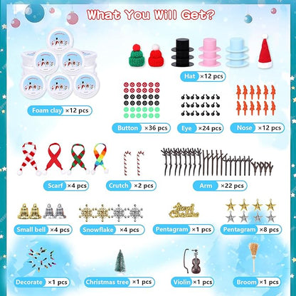 12 Pack Modeling Clay DIY Snowman Kit, Christmas Build a Snowman Craft Kit for Kids, Creative Kids Air Dry Modeling Clay, Christmas Crafts Xmas Gift Stocking Stuffers for Kids