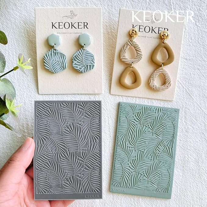 KEOKER Polymer Clay Texture Sheets Set, Works with Clay Cutter, Effect as Texture Roller, Sheets for Clay, Leaf C Earring Molds