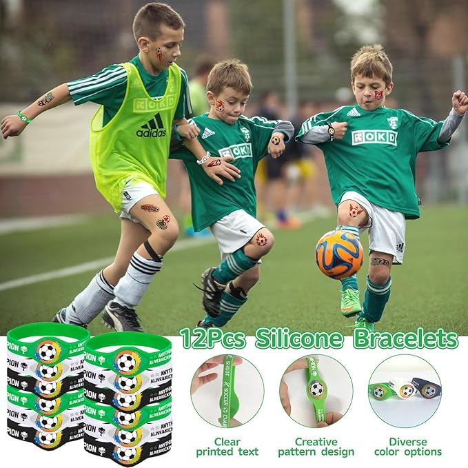 58Pcs Soccer Party Favors: Soccer Goodie Bags for boys Includes 12Pcs 13 x 11 Inch Soccer Drawstring Bags Slap Silicone Bracelet Keychain Tattoo Stickers for Soccer Party Decorations Supplies