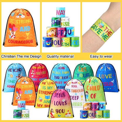 Frienda 10 Sets Christian Gift Bags Bulk Bible Verse Drawstring Bags with Jesus Slap Bracelets Religious Party Favors Gifts Jesus Loves You for Sunday School Classroom Prizes Party Supplies(Classic)