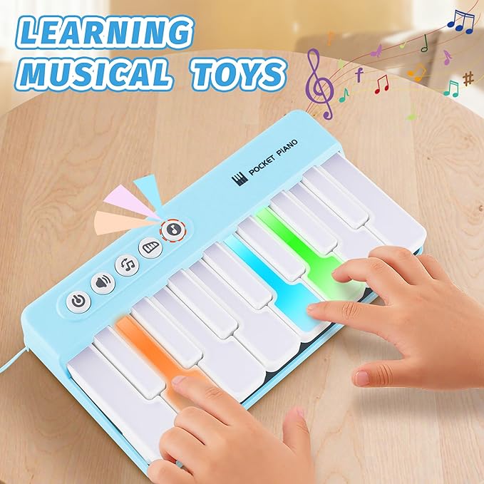 Mini Keyboard Piano Toy, Portable Light Up Pocket Piano for Toddlers Kids (Blue)