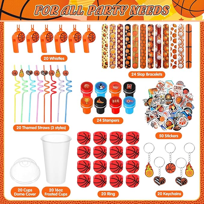 Aoriher 238 Pcs Basketball Party Favors Set Basketball Birthday Gift Basketball Cup Fillers with Straw Basketball Whistle Stamper Slap Bracelet Keychain Ring Tattoo Sticker for Sport Party Supplies