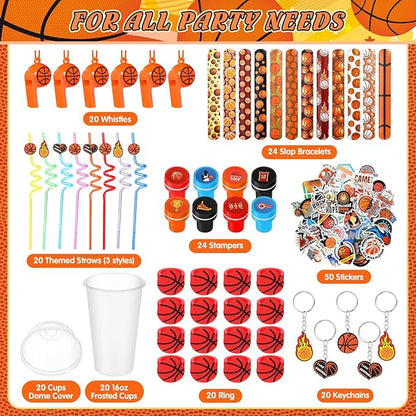 Aoriher 238 Pcs Basketball Party Favors Set Basketball Birthday Gift Basketball Cup Fillers with Straw Basketball Whistle Stamper Slap Bracelet Keychain Ring Tattoo Sticker for Sport Party Supplies