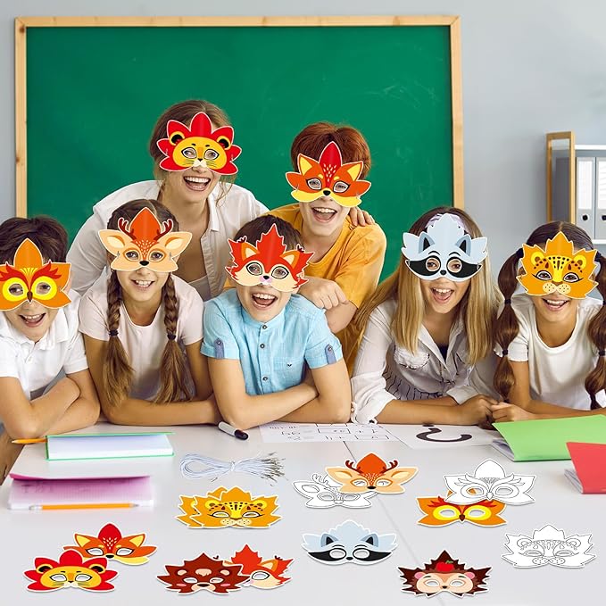 36 Set Fall Thanksgiving Animal Coloring Mask Paper Art Craft Kids Color Your Own Animals Blank DIY Mask Masquerade Birthday Party Dress-Up Decoration Favor School Classroom Activity Game Supplies