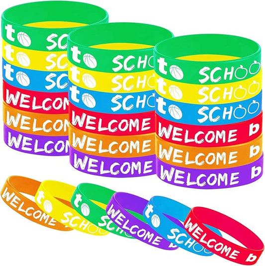 48PCS Welcome Back to School Party Rubber Bracelets, 100 Days of School/First Day of School Party Shower Birthday Party Supplies Decorations Prize Goodie Bag Favors Silicone Wristbands
