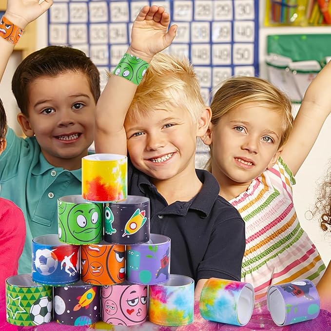 POPLAY 48PCS Kids Slap Bracelets, Slap Wristbands Bulk Tie Dye Bracelets Dinosaurs Mermaid Space Galaxy for Party Favors Classroom Prizes Exchanging Gifts