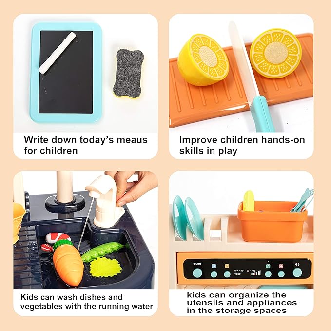 JOYIN 65PCS Kids Kitchen Playset (Easy Assembly), Play Kitchen with Realistic Lights & Sounds, Simulation of Spray, Play Sink with Running Water, Dessert Shelf Toy & Kitchen Accessories Set