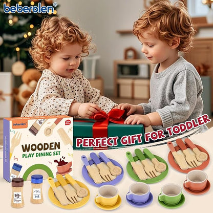 Wooden Play Dishes and Plates for Kids Kitchen Set Accessories for Toddlers 1-3 Cooking Toys Tea Cups for Kids Kitchen Birthday Gift for 3 4 5 Year Old Boys Girls