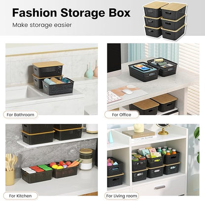 Ohmlove Plastic Storage Baskets With Bamboo Lid - Plastic Storage Containers Stackable Storage bins: Storage Baskets for Organizing Shelves Drawers Desktop Closet Playroom Classroom Office, 6 Pack