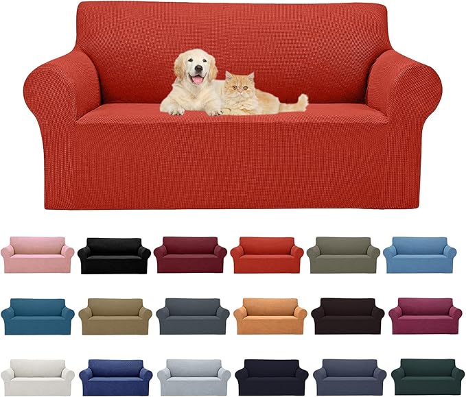 2025 New Stretch Loveseat Sofa Slipcovers Couch Cover for 2 Cushion Furniture Protector Sofa Covers with Elastic Bottom Jacquard Fabric Small Checks for Pets, Kids - Pureed Pumpkin
