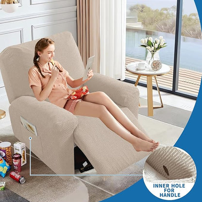 XINEAGE 4 Pieces Recliner Cover Stretch Jacquard Recliner Chair Covers Soft Recliner Slipcovers with Pocket for Kids and Pets, Washable Couch Cover (Recliner, Khaki)