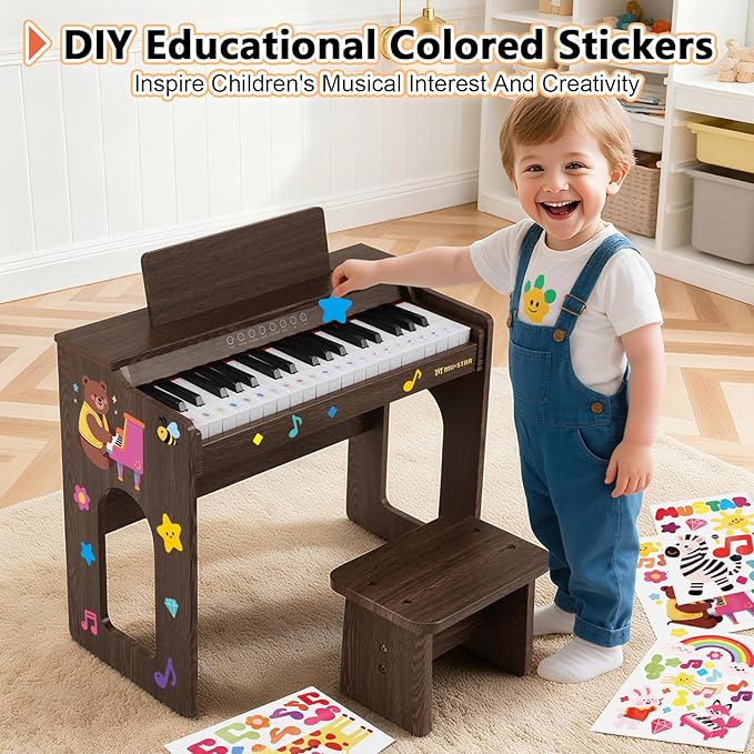 Kids Piano Keyboard, 37 Keys Wooden Digital Piano for Kids with Bench,Song Book, DIY Stickers, Cover, Education Creative Musical Instruments Toy for Boys & Grils Gifts