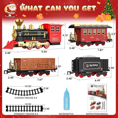 Hot Bee Train Set - Train Toys for Boys with Smokes, Lights and Sound, Toy Train Set for Under Christmas Tree, Toddler Model Trains for 3 4 5 6 7 8+ Years Old Kids Christmas Toys Gifts