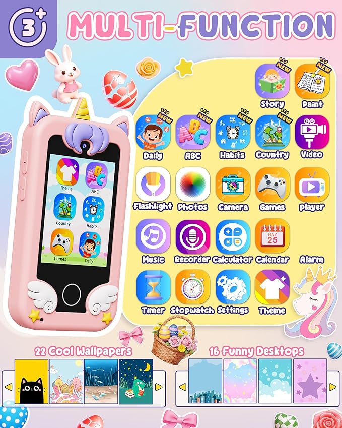 UCIDCI Unicorn Kids Smart Phone Toys for Girls Ages 3-7 with Dual Camera - Toddler Phone with Learning Games, Travel Toys with MP3 Music Player for Christmas, Birthday Gifts for 3 4 5 6 7 Year Old