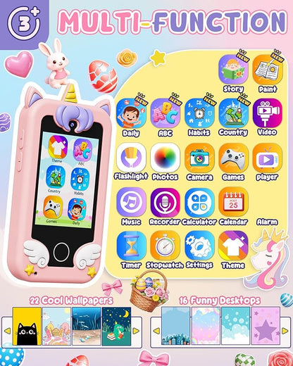 UCIDCI Unicorn Kids Smart Phone Toys for Girls Ages 3-7 with Dual Camera - Toddler Phone with Learning Games, Travel Toys with MP3 Music Player for Christmas, Birthday Gifts for 3 4 5 6 7 Year Old