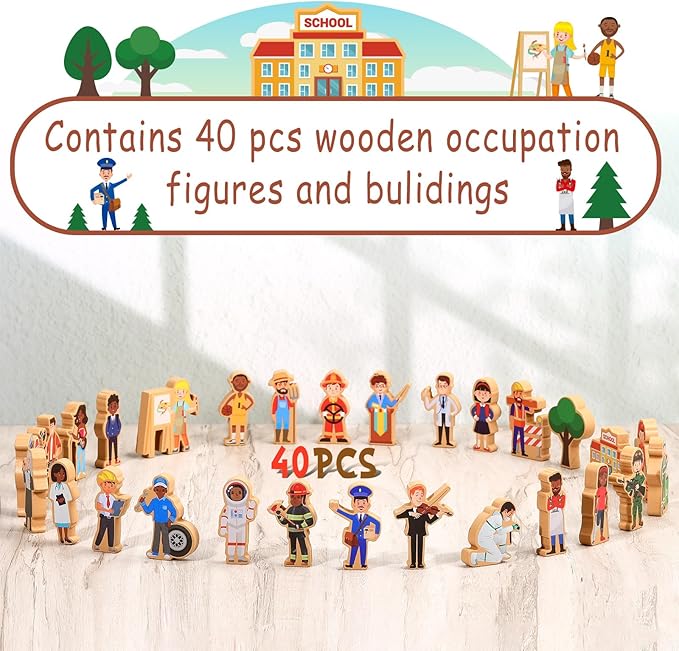 Blosssound 40 Pcs Wooden Community Helpers for Kids Little Occupations Figures Play Toys Wooden Blocks Multicultural Career Preschool Classroom Educational Supplies Birthday Gifts
