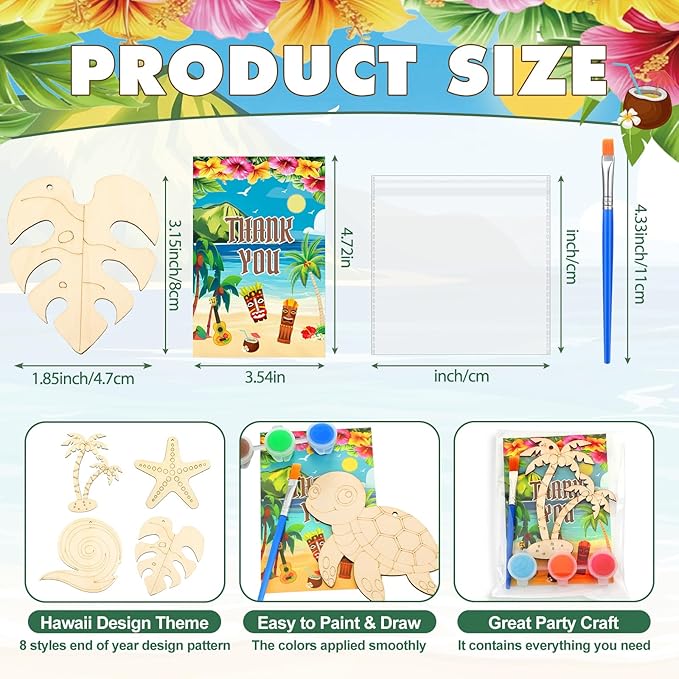 Saypacck 24 Pcs Summer Hawaiian Party Favors Wooden Craft Kits Hawaiian Tropical Ocean Theme Painting Wooden with Bag Color Your Own Palm Leaf Flower Luau Birthday Supplies