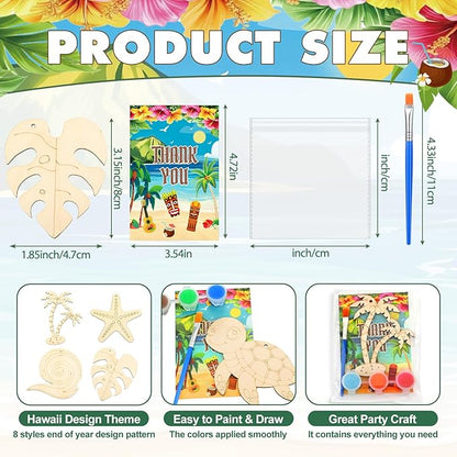 Saypacck 24 Pcs Summer Hawaiian Party Favors Wooden Craft Kits Hawaiian Tropical Ocean Theme Painting Wooden with Bag Color Your Own Palm Leaf Flower Luau Birthday Supplies