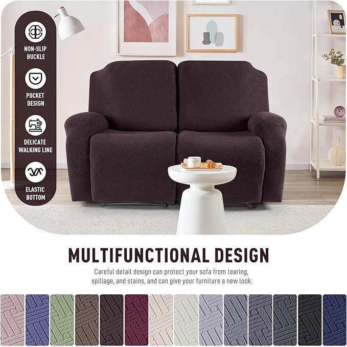 KinCam Recliner Covers, Stretch Reclining Chair Covers, Recliner Sofa Slipcovers Stripe Jacquard Recliner Couch Covers Furniture Protector Covers for Pet Kid (2 Seater, Chocolate)