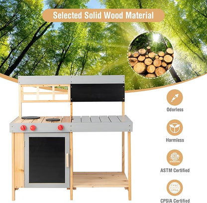 Costzon Mud Kitchen for Kids Outdoor, Wooden Pretend Play Kitchen with Removable Sink, Stoves, Storage Shelf, Toddler Backyard Toy Kitchen Set, Kids Kitchen Set for Boys Girls Age 3+