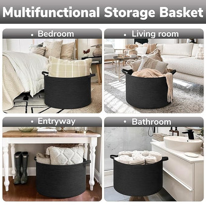 Goodpick Large Blanket Basket, 22"X 14" Woven Rope Baby Basket, Black Blanket Storage for Dirty Clothes, Kids Toy Storage Organizer Bins for Living Room