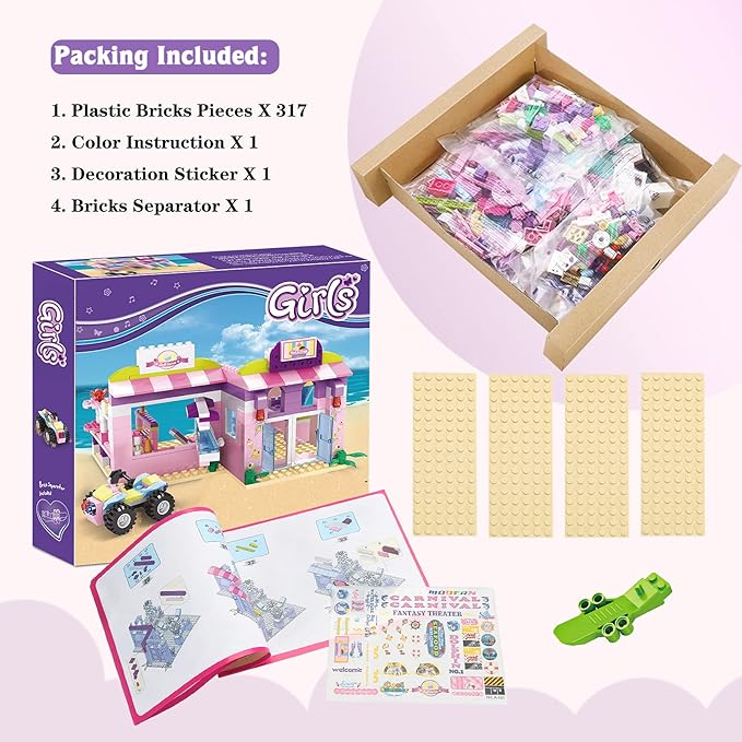 BRICK STORY Girls Friends Ice Cream Shop Building Set Pink Beach Ice Cream Dessert Store Building Blocks Toys with Beach Buggy Friends Beach Vacation Playset for Kids 6-12, 317 Pieces