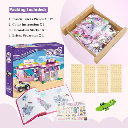 BRICK STORY Girls Friends Ice Cream Shop Building Set Pink Beach Ice Cream Dessert Store Building Blocks Toys with Beach Buggy Friends Beach Vacation Playset for Kids 6-12, 317 Pieces