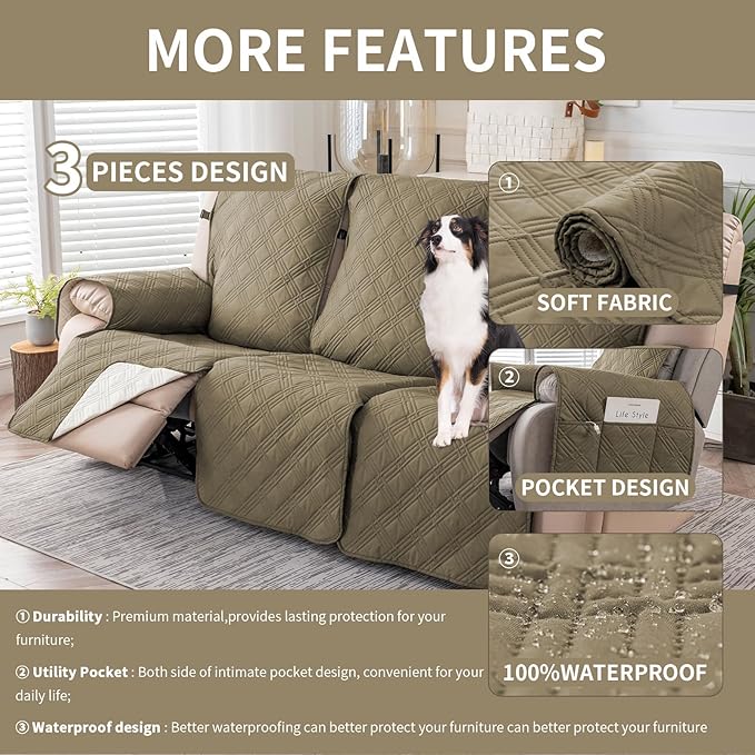 Easehomey Waterproof Recliner Sofa Cover,Non-Slip Reclining Sofa Covers for 3 Seat,Washable Reclining Sofa Cover Furniture Protector with Elastic Straps Pocket for Kids, Pets(Khaki,3Seat)