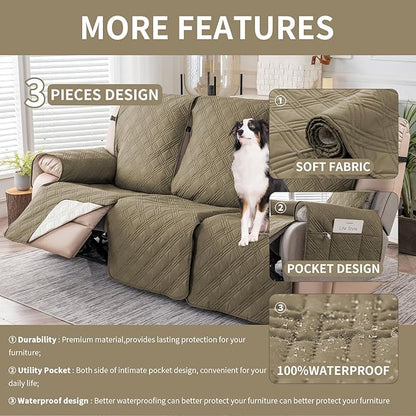 Easehomey Waterproof Recliner Sofa Cover,Non-Slip Reclining Sofa Covers for 3 Seat,Washable Reclining Sofa Cover Furniture Protector with Elastic Straps Pocket for Kids, Pets(Khaki,3Seat)