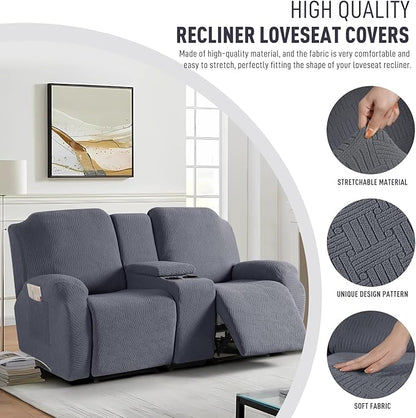 KinCam Loveseat Recliner Covers with Middle Console Slipcover, Recliner Sofa Covers 2 Seat Couch Cover Stripe Jacquard Furniture Protector Covers with Elastic Bottom for Kids, Pets (Gray)