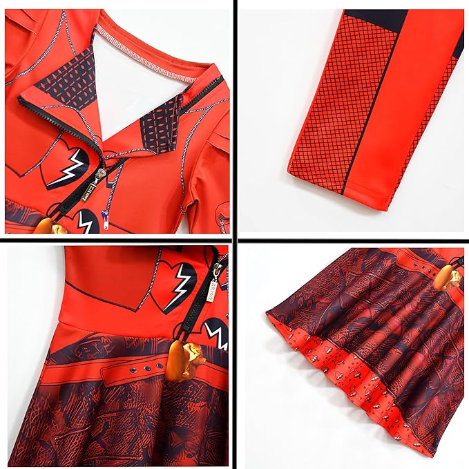 7 Pcs Rise Princess Red Costume for Girls Red Party Dress Outfit Set with Wig