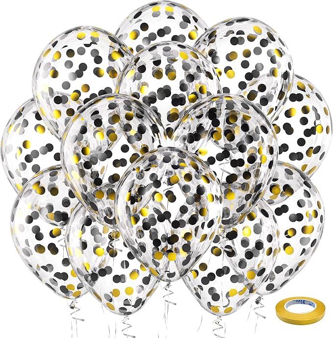 Bezente Black Gold Confetti Latex Balloons - 60 Pack 12 inch Helium Black Gold Confetti Balloons for Wedding Graduation Bridal Shower Birthday Party Decorations